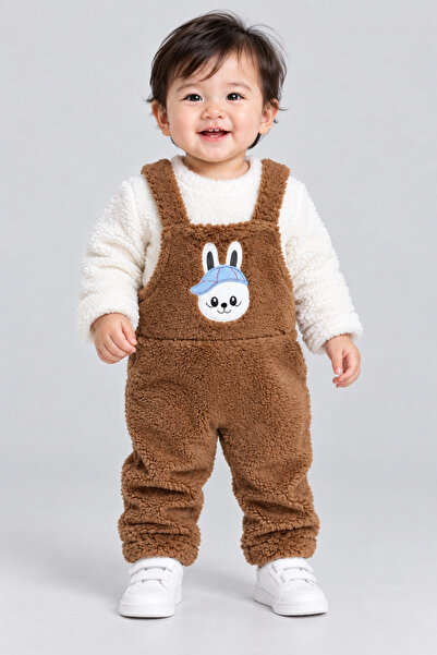 caddekids Tavşan Desenli Welsoft Peluş Salopet Bebek Takımı 2 Parça Kışlık Kı...