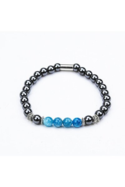 BlackCraft Hematite and Agate Stone Fishbone Rubber Bracelet
