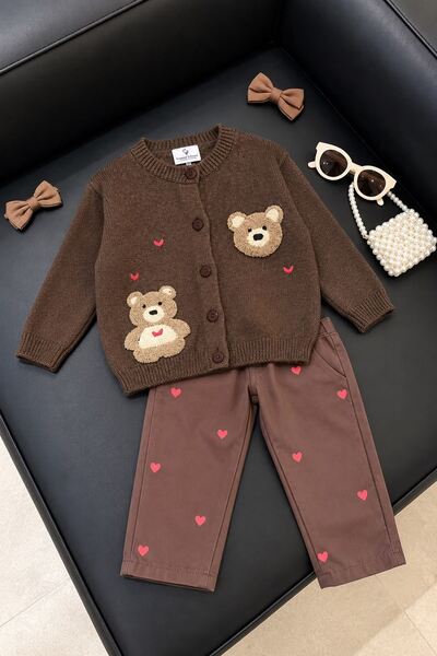 Minigimin Cicileri Teddy Bear Embroidered Heart Patterned Knit Sweater 2-Piec...