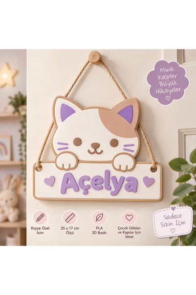 Kişiye Özel Çocuk Odası Kapı İsimliği – Kedi Figürlü 3D Baskı İsim Panosu – 25x17 cm