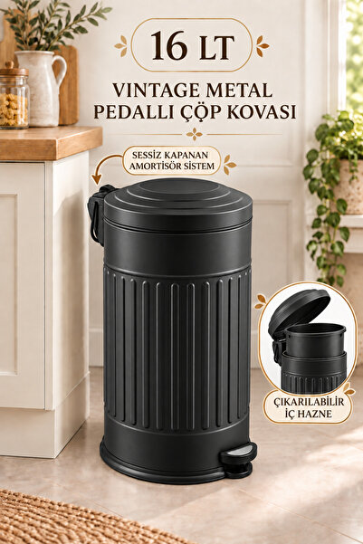 Funny Life 16 Lt Vintage Metal Pedallı Çöp Kovası Sessiz Kapanan Kapaklı Çıka...