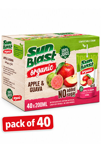Sun Blast عصير التفاح والجوافة العضوي (100% طبيعي) بدون سكر مضاف - 200 مل × 4...