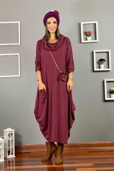 Nevin Kaya Moda فستان قطني بياقة سحرية باللون العنابي