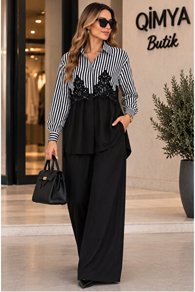 QİMYA BUTİK Buketli̇ Women's Robe with Guipure Detail, Long Sleeve Striped Sh...