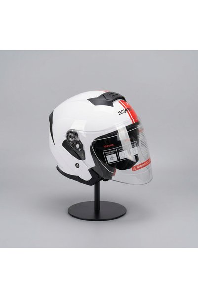 scharf 528 Şeffaf Vizörlü Yarım Motosiklet Kaskı - Güneş Camlı Açık Kask (WHITE Y2RED)