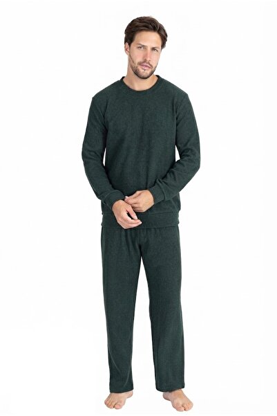 Erse Erkek %100 Pamuk Haki Bisiklet Yaka Selanik Dokuma Kalın Kışlık Pijama T...