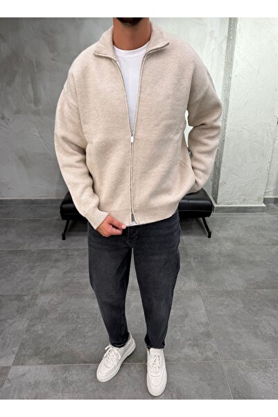 DIFRANSEL JEANS Zippered Classic Knitwear Ecru Cardigan