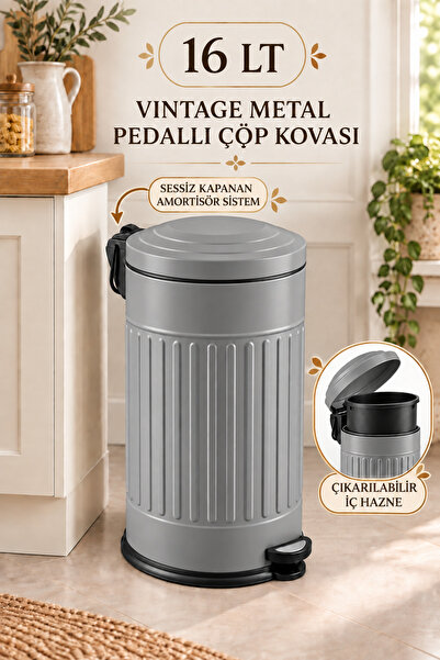 Funny Life 16 Lt Vintage Metal Pedallı Çöp Kovası Sessiz Kapanan Kapaklı Çıka...