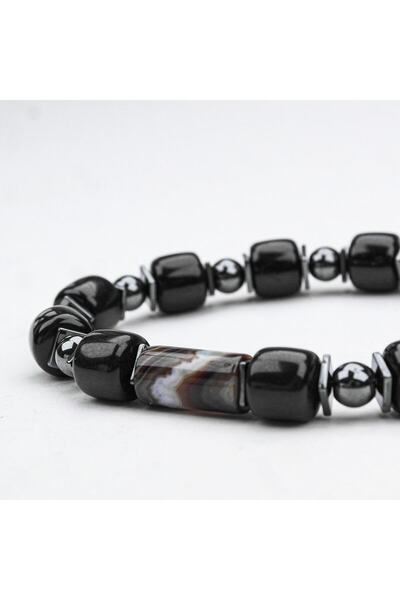 BlackCraft Oltu and Agate Stone Fishbone Rubberized Bracelet