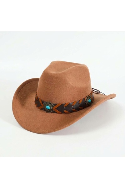 KAZUKO Stylish Wide Brim Cowboy Hat with Brown Ribbon and Bull Horns Design -...