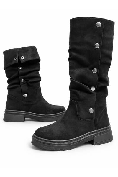bakac store Women's Black Suede Buttoned Boots That Can Be Worn in Two Ways