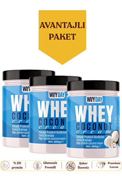 Whey Proteinli Hindistan Cevizi Kreması 300 g x 3 Adet %20 Protein Şeker İlavesiz Glutensiz