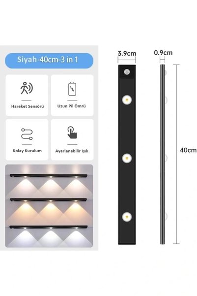 Cata Siyah 40 cm Hareket Sensörlü Gece Lambası Aplik Şarjlı Ultra İnce Led Dolap İçi Mutfak Tezgah Altı