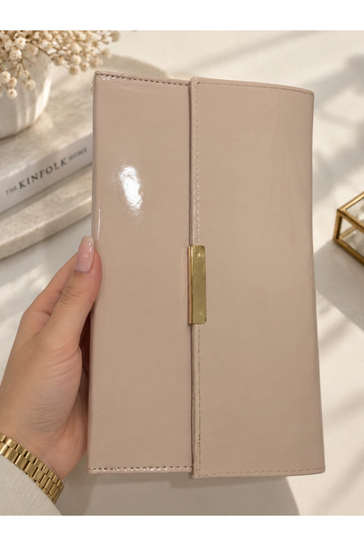 BT Takı Tasarım Pudra Rugan Kadın Portföy Çanta – Gold Detaylı Şık Clutch