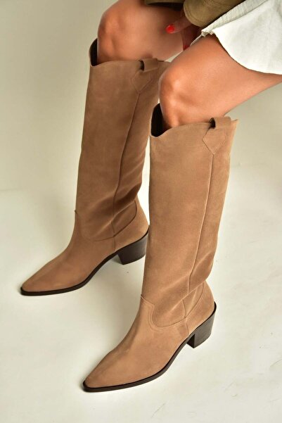 Fox Shoes Z654182361 Mink Genuine Leather Suede Thick Heeled Cowboy Model Wom...