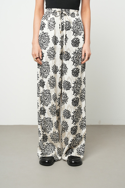 Orfeo Negro Women's Floral Patterned Black - White Wide Leg Pants with Elasti...