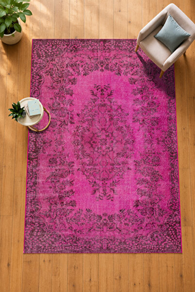 Olden Rug Pembe Vintage Oryantal Desenli Kaymaz Taban Kilim – Madalyon Motifl...