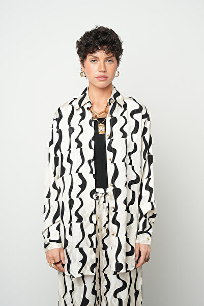 Orfeo Negro Women's Wave Patterned Black - White Oversize Shirt
