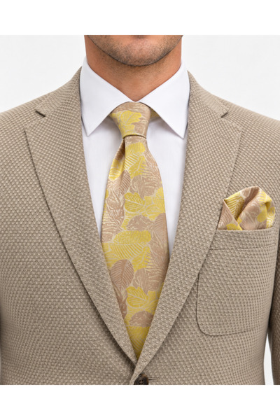 Brianze 8 cm Yellow Beige Motif Patterned Tie and Handkerchief Set