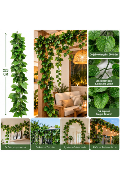 ARVALE 226 cm Yapay Sarmaşık Yapraklı Dekoratif Yeşil Bitki – Duvar, Balkon, Kafe ve Ev Dekoru