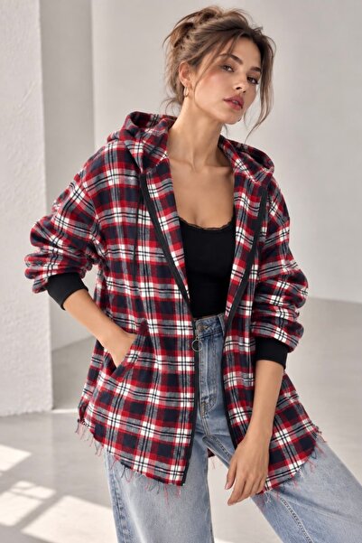 bb butik basic Kapüşonlu Fermuarlı Oversize Ekose Oduncu Gömlek Ceket Kadın R...