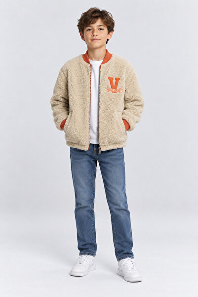 AHENGİM Boy's Plush College Coat with Zipper, V-Emblem and Pockets, Casual Ja...