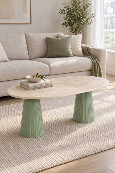 Veloni Calista Mint Yeşili Modern Orta Sehpa | Oval Tabla Çift Ayaklı Salon S...