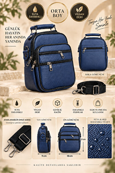 CüzCan Men's Navy Blue Vegan Leather Hand and Shoulder Bag with Adjustable Cr...