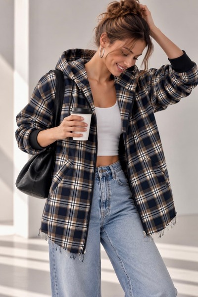 bb butik basic Kapüşonlu Fermuarlı Oversize Ekose Oduncu Gömlek Ceket Kadın R...