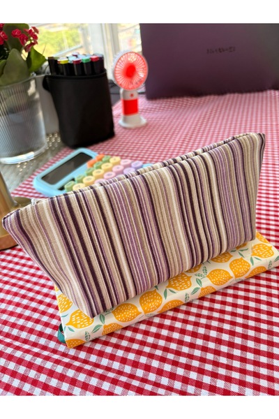 FEEMELS Purple Striped Linen Fabric Pencil Case - Makeup Bag - Pencil Case