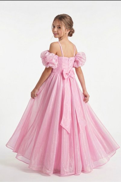 Baby Aden Babyaden Balloon Sleeve Long Glitter Fabric Girls Satin Evening Dress