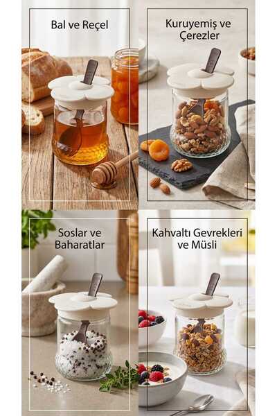 ÇEÇEN HOME Flower-Shaped Lid, Glass Jam Jar with Spoon, Honey and Spice Jar, ...