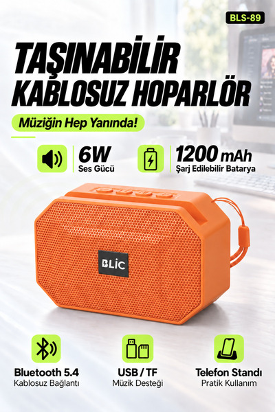 Blic BLS-89 Bluetooth 5.4 Taşınabilir Hoparlör Turuncu 6W RMS, Telefon Standl...