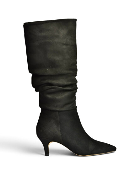 Fox Shoes Z965170402 Black Suede Thin Heeled Gathered Women's Boots