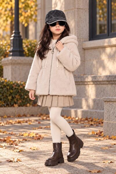 Minigimin Cicileri My Little One's Plush Lined Girls' Hooded Cardigan - Beige