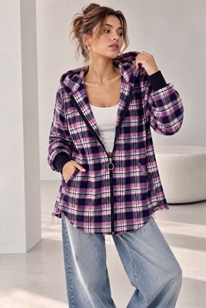 bb butik basic Kapüşonlu Fermuarlı Oversize Ekose Oduncu Gömlek Ceket Kadın R...