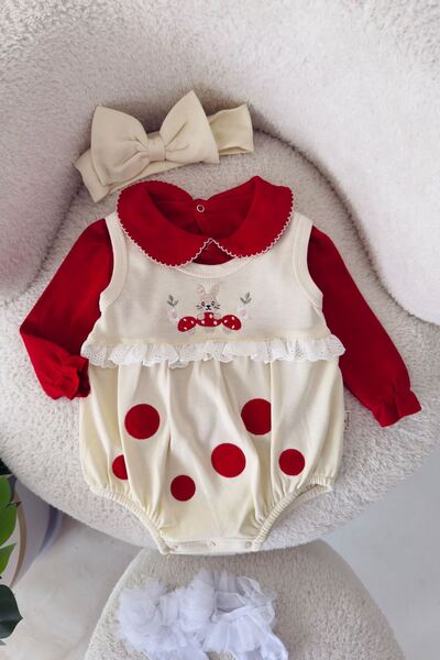 Minigimin Cicileri Rabbit Embroidery Detailed Baby Girl Bandana 3-Piece Jumps...