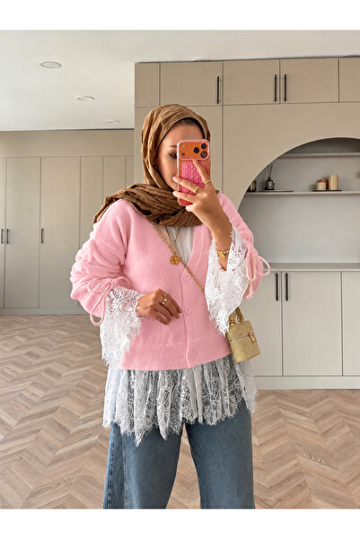 RFK Butik Kadın Premium Dantel Detaylı V Yaka Triko Hırka - Pembe