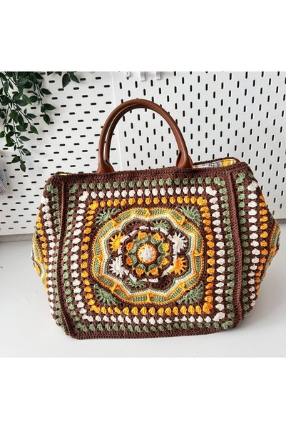 Crochet Bilgen El Örgüsü Büyük Boy Kadın El Çantası KAHVERENGİ Motifli Astarl...