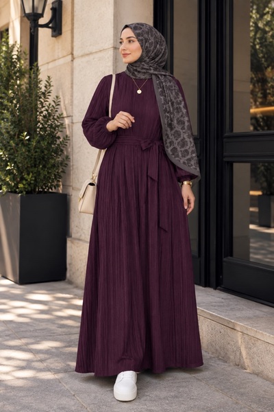 Wise&Go Store Kadın Kuşaklı Dokulu Tesettür Elbise – Uzun Kollu Günlük Elbise