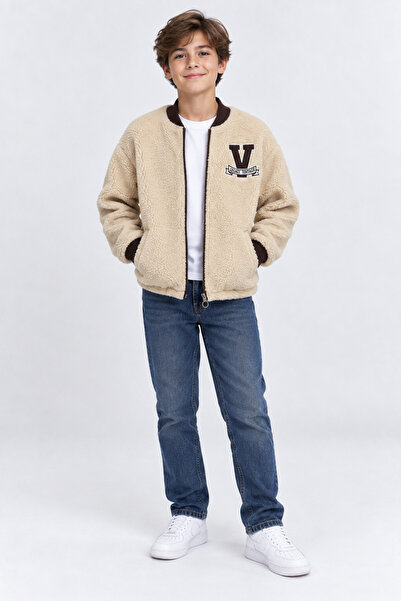 AHENGİM Boy's Plush College Coat with Zipper, V-Emblem and Pockets, Casual Ja...