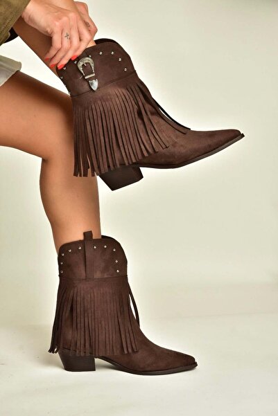 Fox Shoes Z726104202 Brown Suede Thick Low Heeled Tasseled Cowboy Model Women...