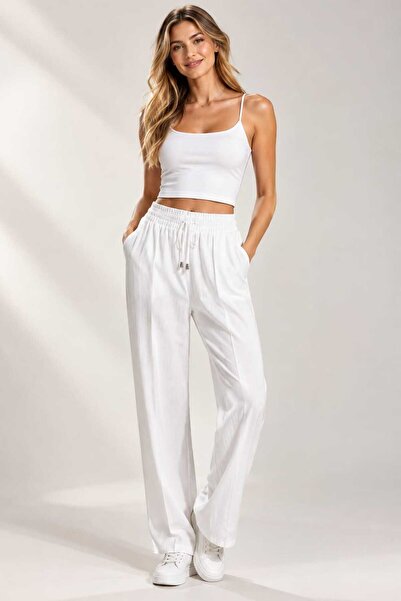 SSO White Double Fabric Trousers with Pockets, Elastic Waist, Rope Detail, Le...