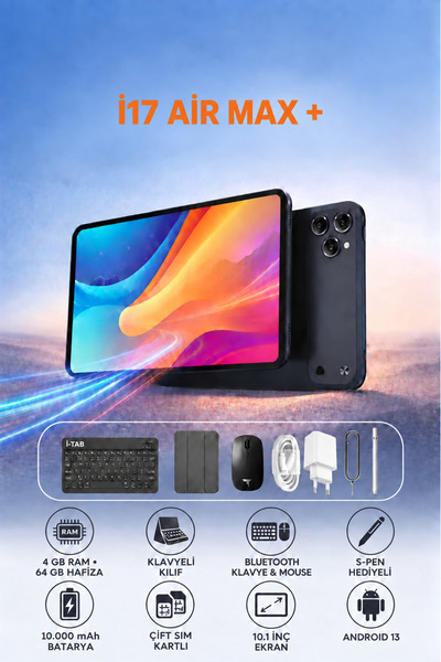 İ-TAB İ17 AİR MAX+ 4GB RAM 64GB Hafıza Klavyeli Kılıf + Bluetooth Klavye & Mo...