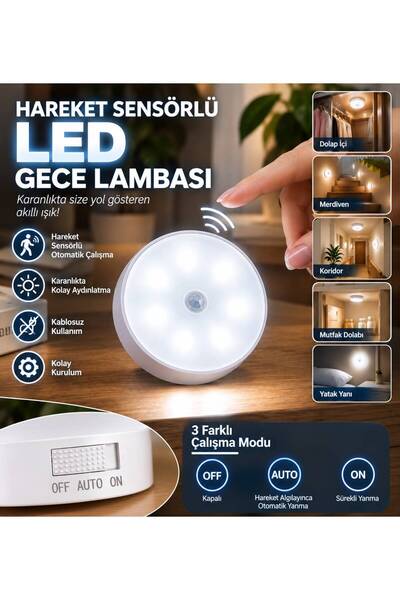 gaman Hareket Sensörlü Led Gece Lambası Şarj Edilebilir Dolap Merdiven Duvar ...