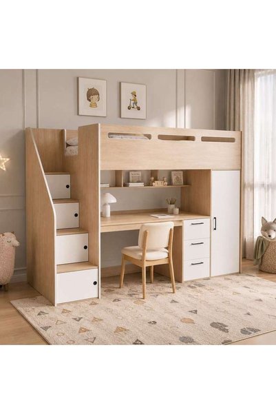 PAN HOME سرير علوي DACOZA مع مكتب مدمج وخزانة ملابس وأدراج 90×200 سم - أبيض و...