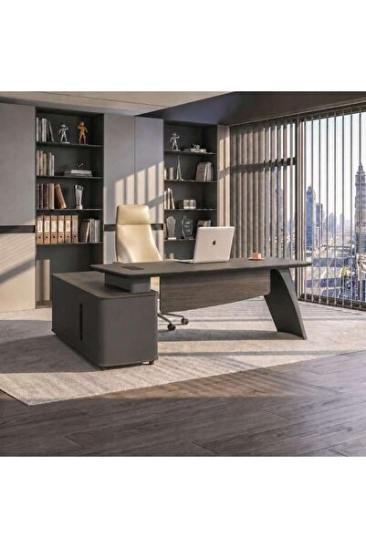PAN HOME GEKKO OFFICE DESK RIGHT SIDE RETURN 200CM - DARK OAK & MIDDLE GREY