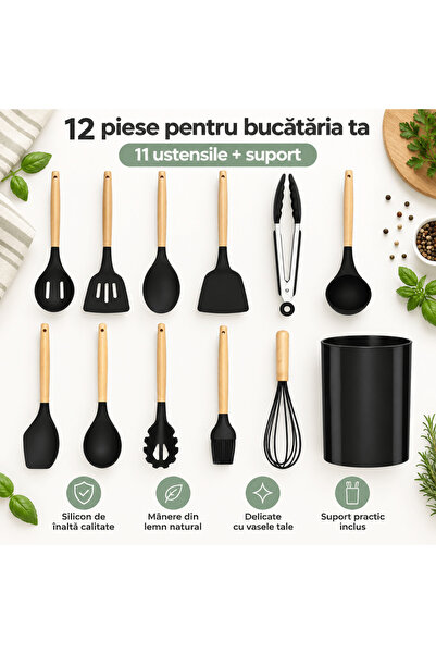 TnsAround Set de ustensile de bucătărie din silicon și lemn, 12 piese