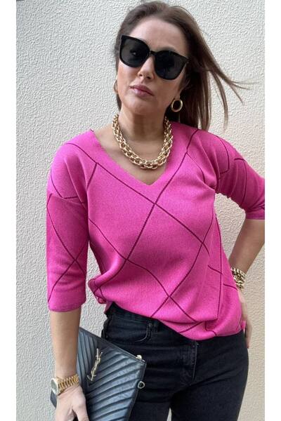 D LAVELLA Kadın Yarım Kollu V yaka Baklava Desenli Simli Tarz Casual Triko Ka...