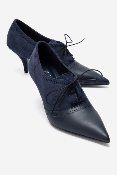 LuviShoes Medley Navy Blue Suede Navy Blue Leather Lace-Up Women's Heeled Shoes